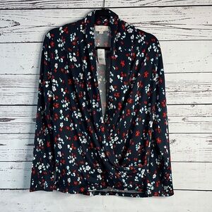 LOFT Navy Blouse with Red and White Floral Pattern